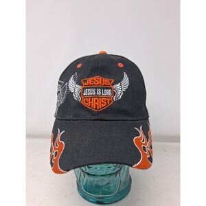 Jesus Is Lord Biker Style Flame Embroidered Baseball Cap Black Orange Kys Design